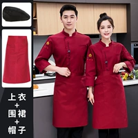 Красный лонгслив, фартук, шапка