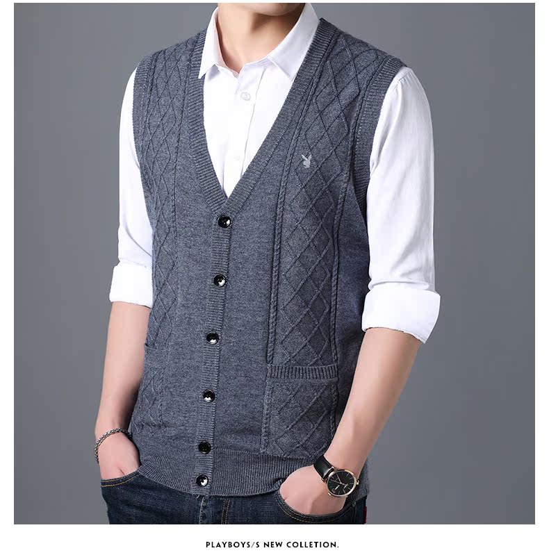 Playboy len vest nam mùa đông không tay đan áo len thanh niên len vest nam vest giản dị áo khoác len hàn quốc