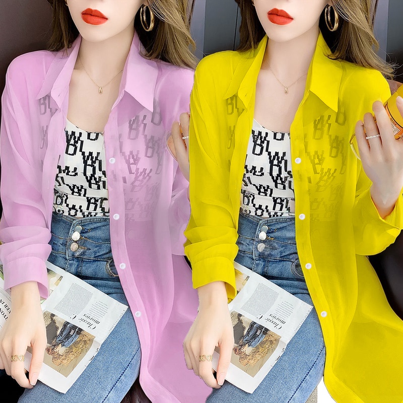 Chiffon Shirt for Women, New Summer Style, Korean Version, Loose Button Design, Long-Sleeved Sun Protection Shirt, Versatile Top, Mid-Length Style Chiffon Shirt for Women, New Summer Style, Korean Version, Loose Button Design, Long-Sleeved Sun Protection Shirt, Versatile Top, Mid-Length Style