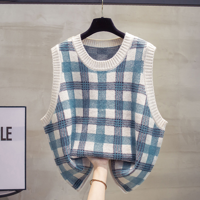 Plus-Size Round-Neck Knitted Vest for Women, 2025 Autumn and Winter New Style, Loose Outerwear Vest, Plaid Sweater, Trendy Waistcoat