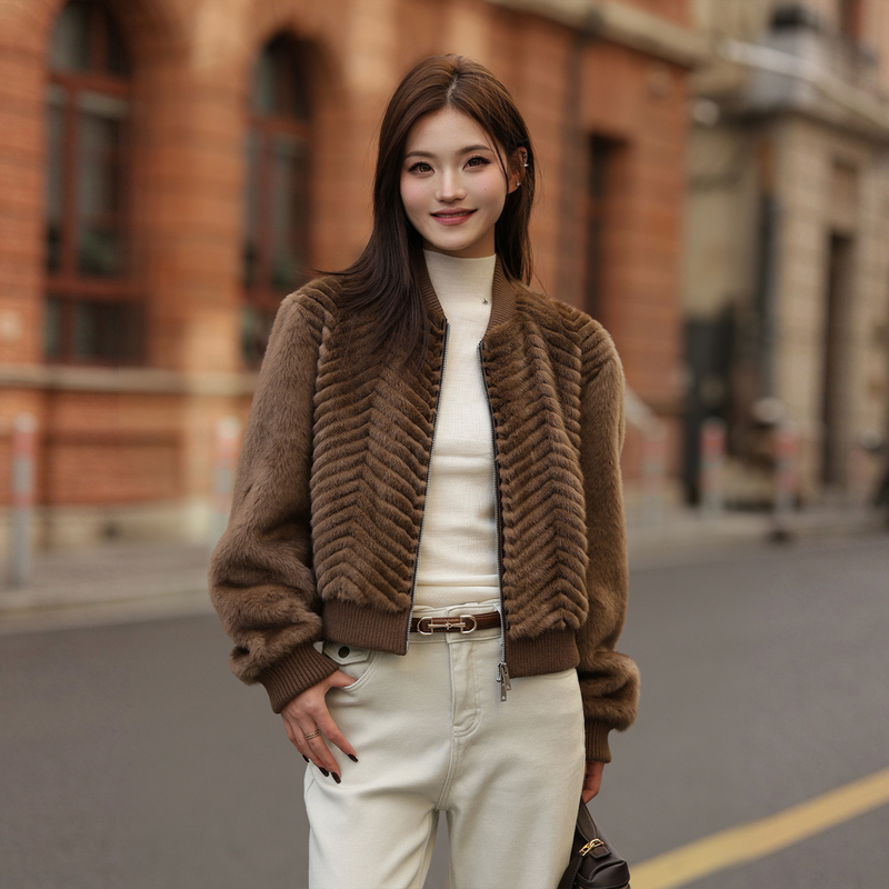 Mai Xu26 Winter Mink Fur Outwear Women's Short Baseball Collar Twill Craft Fur Jacket 26055 Mai Xu26 Winter Mink Fur Outwear Women's Short Baseball Collar Twill Craft Fur Jacket 26055