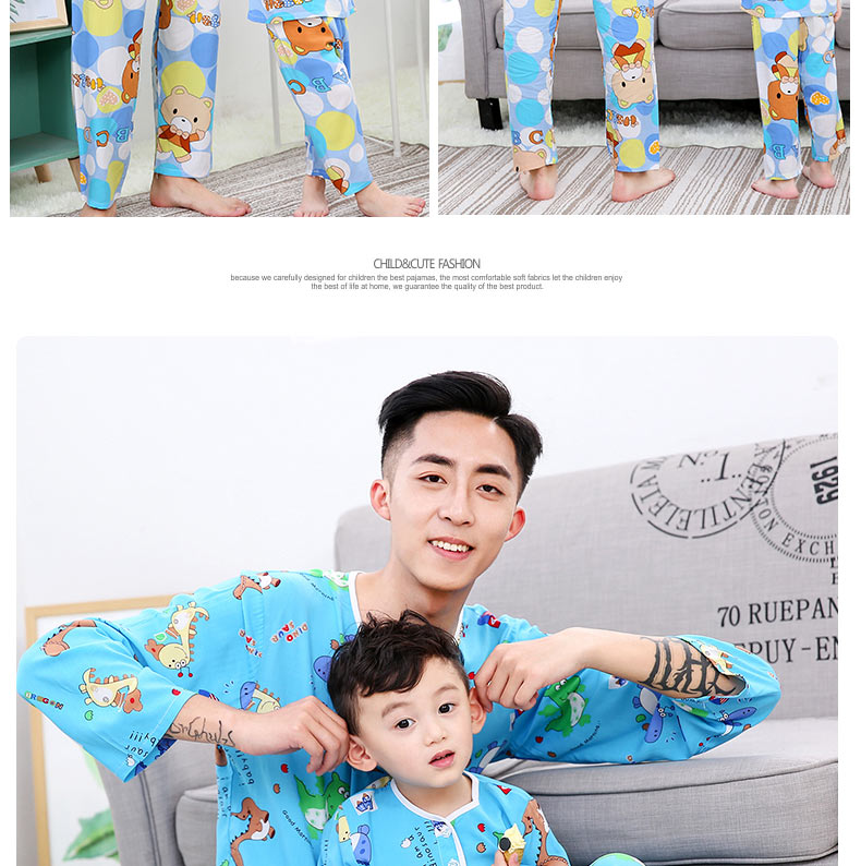 Mùa hè bố mẹ con mặc quần áo bố và con trai đồ ngủ cotton cotton bé trai trai cotton mỏng lụa dài tay quần áo bé trai