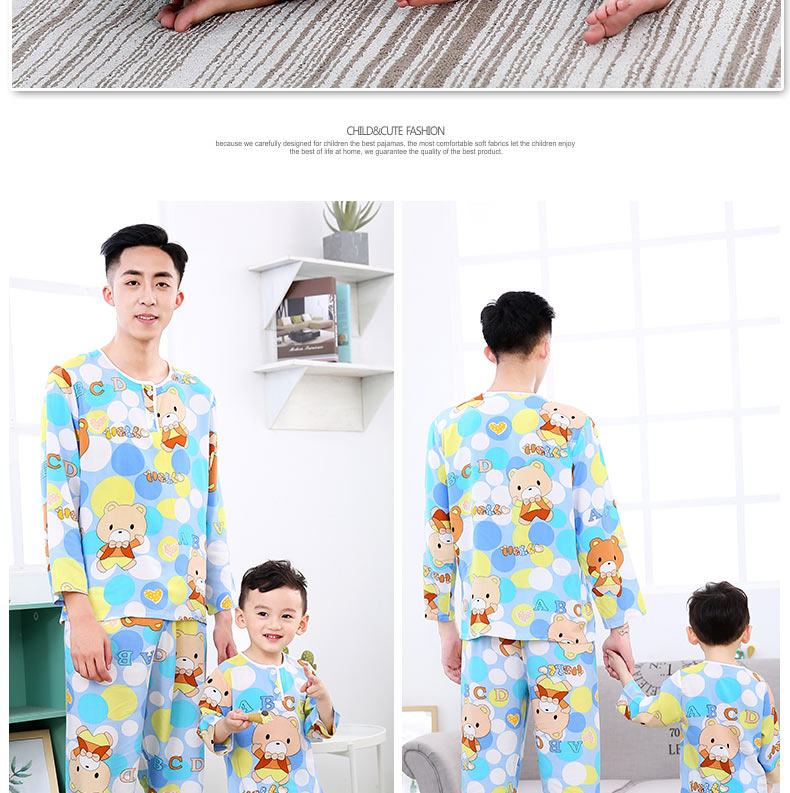 Mùa hè bố mẹ con mặc quần áo bố và con trai đồ ngủ cotton cotton bé trai trai cotton mỏng lụa dài tay quần áo bé trai