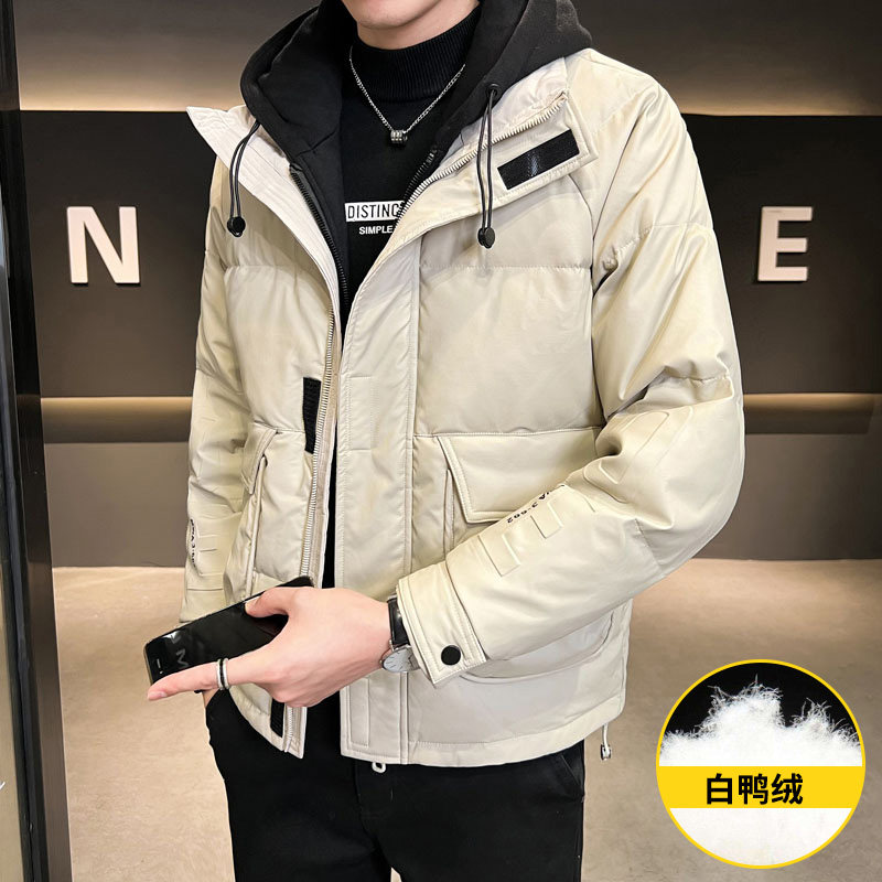 Leather down jacket men's new trendy brand thickened warm white duck down jacket trendy casual fake two-piece hood