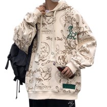 Hooded sweatshirt mens spring and autumn new trendy brand versatile American jacket mens loose casual printed tops for teenagers
