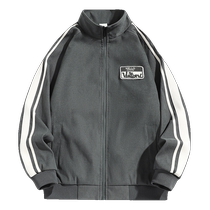 Striped sweatshirt jacket mens spring and autumn trendy brand loose lapel top American casual jacket youth jacket