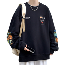 Round neck sweatshirt for men in spring and autumn new style spliced printed long-sleeved T-shirt for men trendy brand teenagers loose bottoming shirt