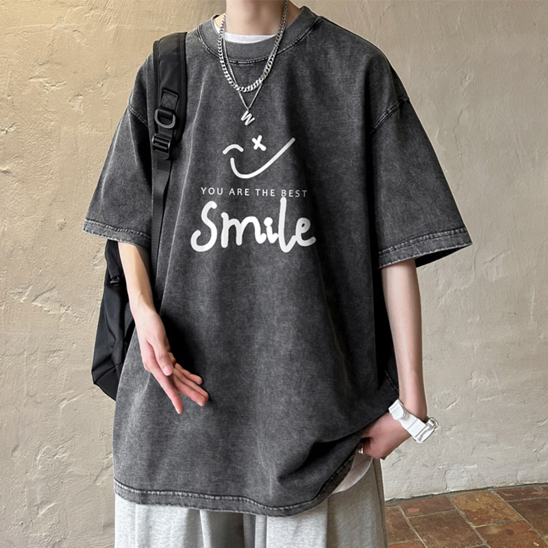 American Retro Men's Short-Sleeved T-Shirt, New Summer Style, Loose-Fitting Couple's Pure Cotton Top, Trendy Smiley Face Half-Sleeve T-Shirt