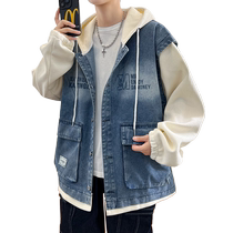 Fake two-piece jacket mens spring and autumn style contrasting color stitching denim jacket mens trendy brand youth Hong Kong style hooded coat