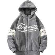 Lamb fleece jacket mens autumn and winter trendy casual hooded jacket mens winter trendy granular velvet jacket clothes