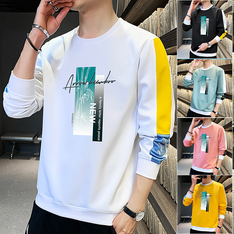Vee Men's Wave 2022 new Korean version round collar printed long sleeves T-shirt men's autumn winter trends handsome clothes