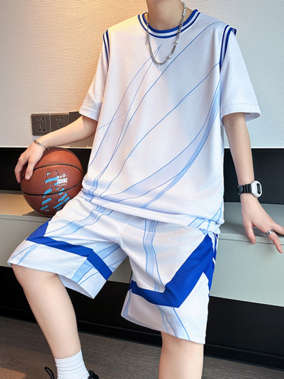 休闲运动套装男夏季冰丝短袖短裤一套搭配帅气青少年篮球服两件套