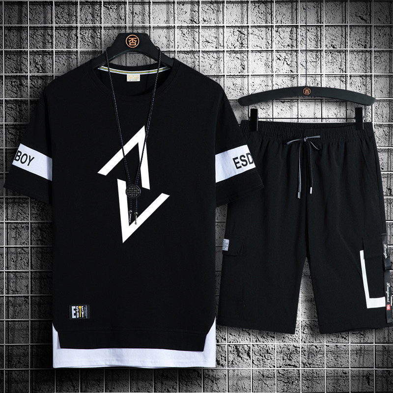 Pure Cotton Short Sleeve T-shirt Men Sports Casual Suit Summer Thin men's set with a pair of handsome gas ice silk T-shirts