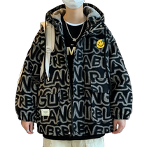 Thick velvet jacket mens autumn and winter letter printed cotton coat jacket mens trendy brand teenagers warm hooded cotton coat