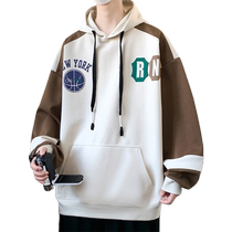 Mens hooded sweatshirt spring and autumn new loose casual versatile trendy brand jacket mens handsome color matching printed top clothes