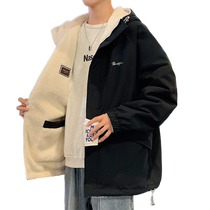 Reversible lambswool jacket for men in autumn and winter plus velvet and thickened cotton coat for men loose hooded spring and autumn jacket