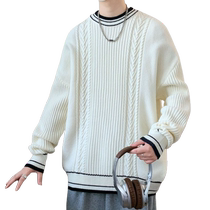 Cable round neck sweater for men in autumn and winter thickened warm sweater for men white inner layer high-end sweater