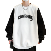 Round neck sweatshirt mens spring and autumn trendy brand loose casual tops mens fake two-piece letter printed long-sleeved T-shirt