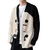 Knitted sweater jacket for men in spring and autumn Korean style trendy contrasting cardigan top Japanese style casual V-neck jacket