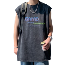 Pure cotton vest mens summer letter print loose sleeveless t-shirt mens trendy washed retro waistcoat top