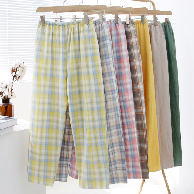 Pure cotton pajamas trousers ຂອງຜູ້ຊາຍພາກຮຽນ spring ແລະ summer plaid ບາງ plaid ຍີ່ປຸ່ນຊັກຜ້າຝ້າຍເຮືອນແບບປົກກະຕິ trousers ຄູ່ trousers ຂອງແມ່ຍິງ