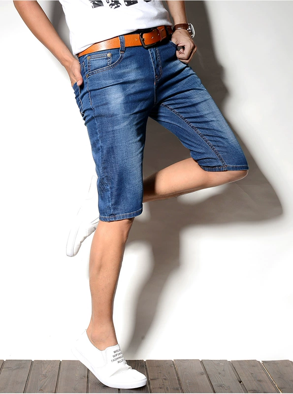 Mùa hè siêu mỏng mỏng co giãn thẳng năm điểm quần short denim nam thanh niên co giãn 5 điểm trong quần quần nam - Quần jean