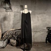 Bloody star fish original design sense dark black high-end silk dress suspender Chiffon womens loose long skirt summer