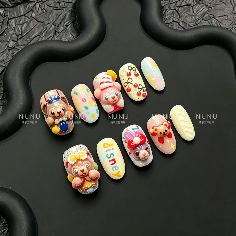 【Disneyland】Duffy Seven Treasures Handmade High-End Gradient Hand-Painted Short Nail Art