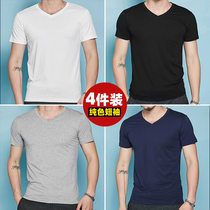 4pcs) Summer cotton short-sleeved T-shirt Solid color V-neck base shirt Tide brand Korean summer half-sleeve body full-length clothing