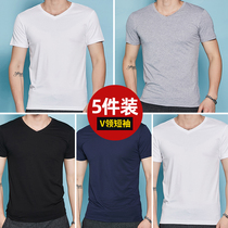 5 pieces) Mens Short Sleeve T-Shirt Summer Cotton Trend V-neck Solid Color base shirt Half Sleeve White Mens T-shirt Long Sleeve