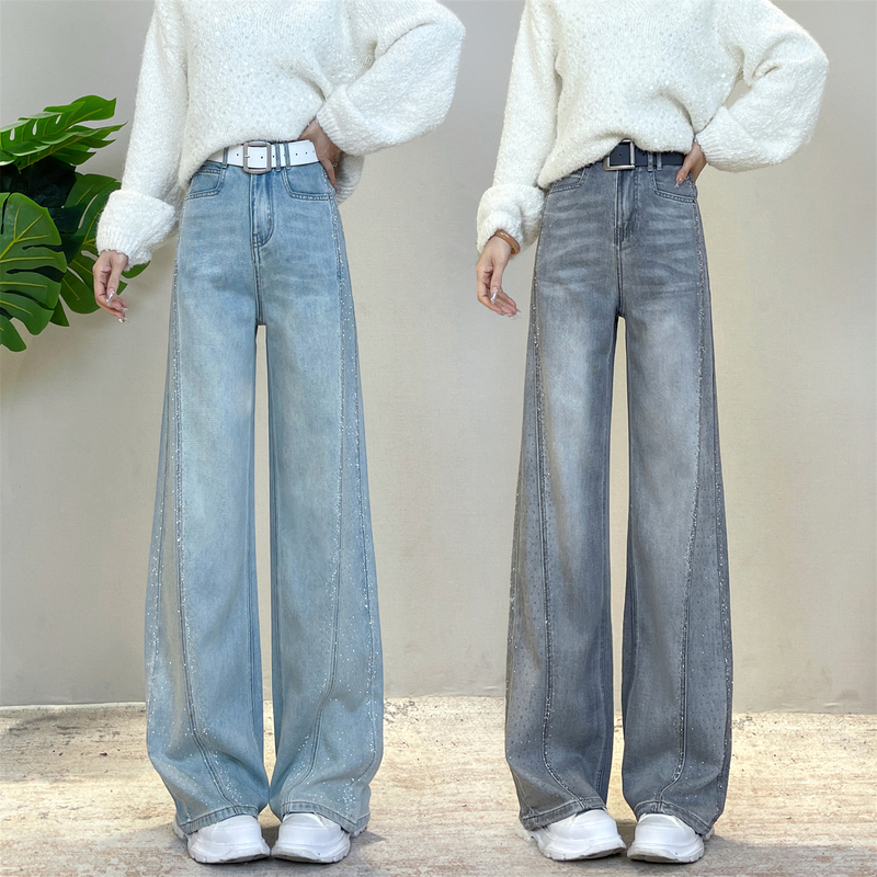 Di Fu Shiny Rhinestone Straight-Leg Jeans for Women, Summer Thin Style 2026 New High-Waisted Drape Narrow Wide-Leg Pants 6305