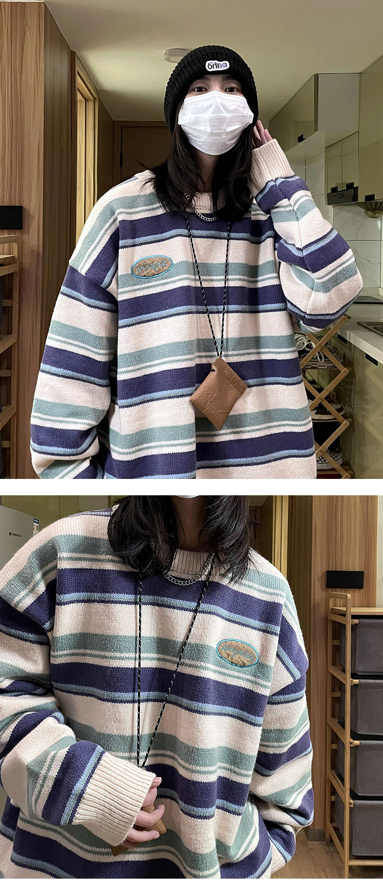 Women's Knitted Sweater Long Sleeved Striped Embroidered Autumn_voghion.com