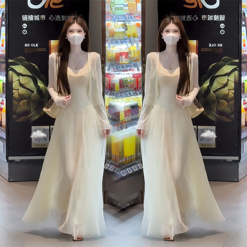 French Gentle Style Age-Reducing Long Skirt Summer Long-Sleeved Sun Protection Cardigan Fashionable Commuting Suspender Dress Suit for Women French Gentle Style Age-Reducing Long Skirt Summer Long-Sleeved Sun Protection Cardigan Fashionable Commuting Suspender Dress Suit for Women