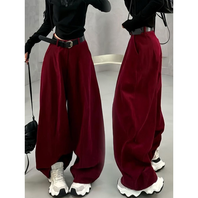 Trendy Red Corduroy Scimitar Pants for Women, 2025 Autumn and Winter New Style, Warm, Fleece-Lined, Thickened, Casual Wide-Leg Pants