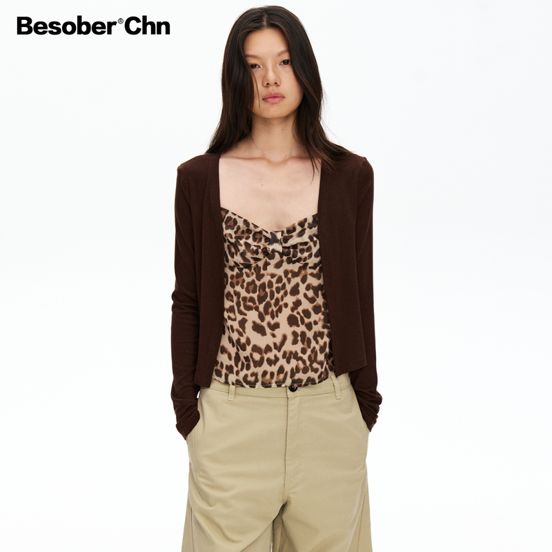 Besober Tencel Wool Coffee-Colored Cardigan Jacket for Women Leopard Print Camisole Versatile Slimming Top