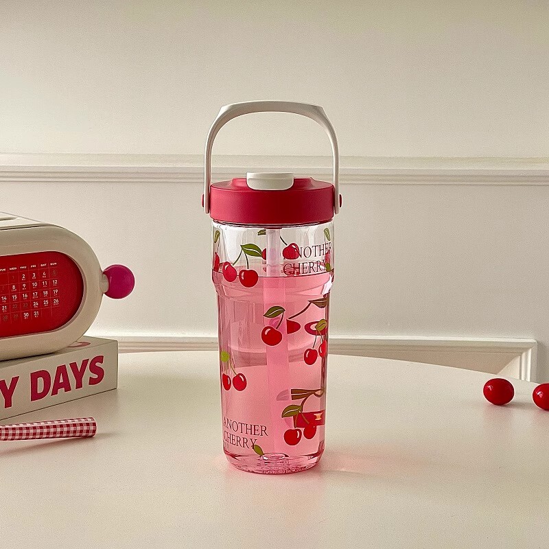 British Beloved [with Satchel Double Drinking Cup] Summer Red Large-Capacity Satchel Water Cup for Girls with Straw