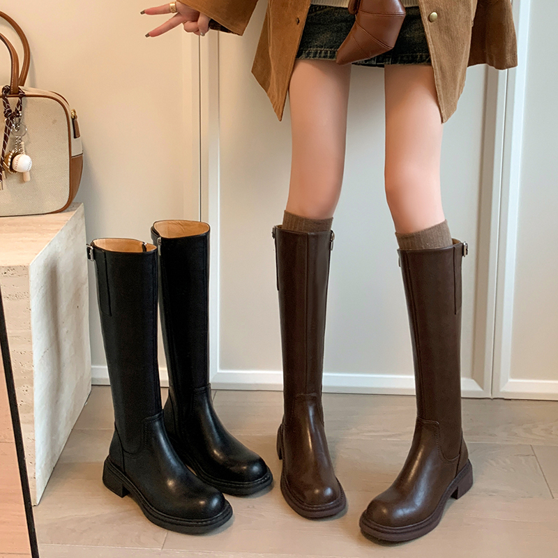 Italian Grounds~Make Your Legs Look Longer! French-Style Low-Heeled Round-Toe Riding Boots, Fashionable High-Tube Long Boots for Women, Knee-High Boots