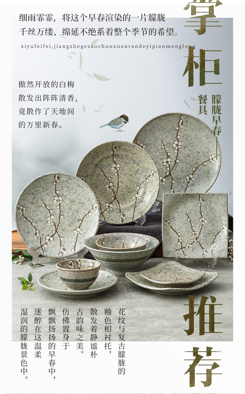 Japan imports salted and dried name plum retro quadrate dish plate round ceramic bowl of Japanese plate under the glaze color home dishes