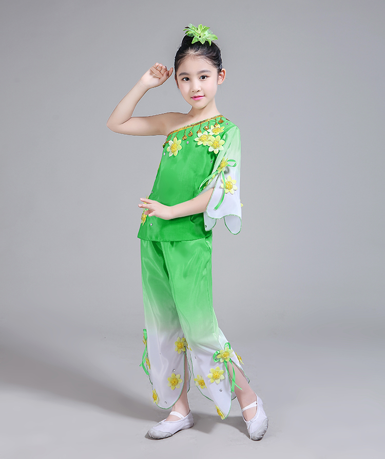 Quần áo trẻ em Yangko trang phục múa quốc gia quạt khiêu vũ cổ điển nam và nữ biểu diễn quần áo hoa nhài màu xanh lá cây áo kiểu cho be gái