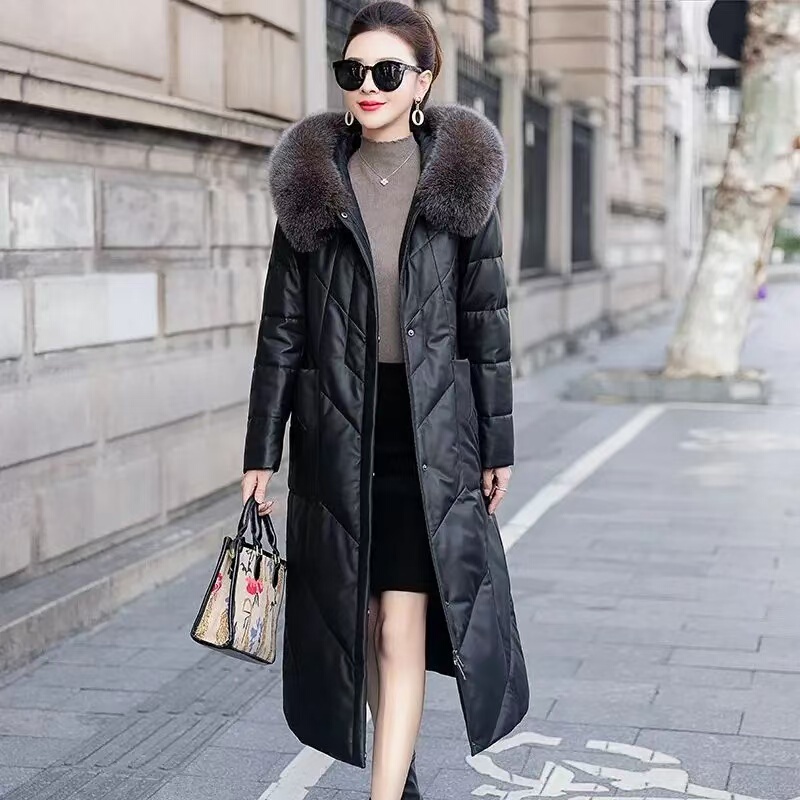 100% Genuine Haining Leather down Jacket, Winter Clothing for Middle-Aged Mothers, Over-The-Knee Long Thick Leather Coat for Women 100% Genuine Haining Leather down Jacket, Winter Clothing for Middle-Aged Mothers, Over-The-Knee Long Thick Leather Coat for Women