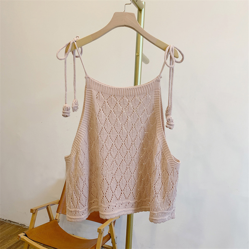 Solid Color Camisole with Tie, Diamond-Patterned Knitted Vest, Fashionable A-Line Style for Young Girls, Layered Vest Top