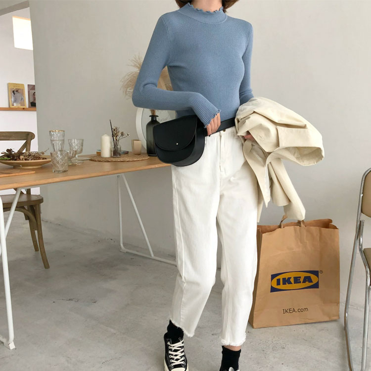 Áo len cổ cao một nửa sang trọng áo len nữ mùa thu và mùa đông mới Hàn Quốc áo ngắn chạm đáy áo Slim đan dài tay áo thun nữ form rộng