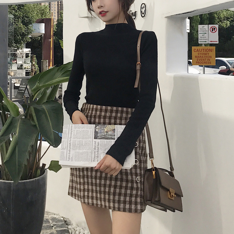 Áo sơ mi cộc tay cao cổ cao Áo len mỏng tay dài mùa thu nữ phiên bản Hàn Quốc của bộ sơ mi chạm đáy hoang dã của áo len mỏng áo len mỏng
