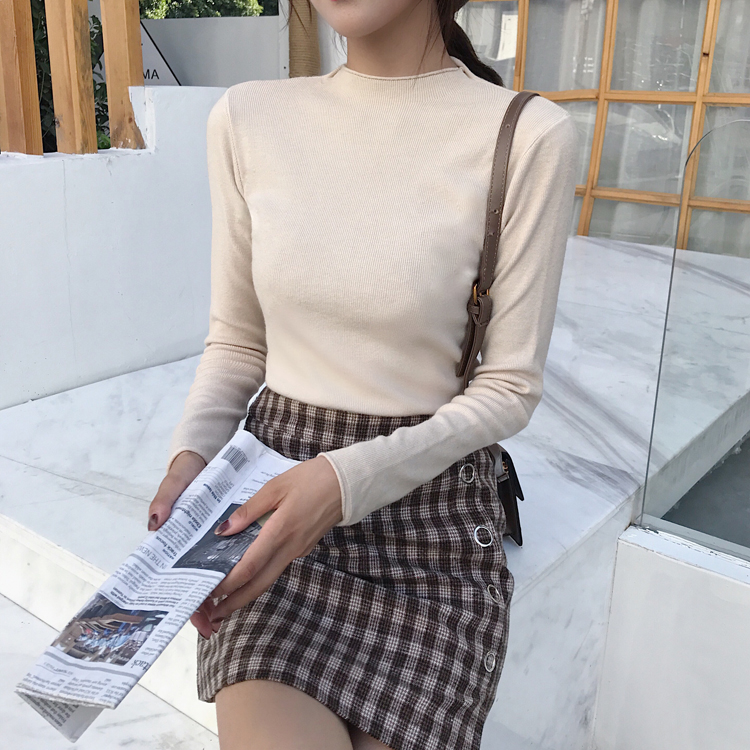 Áo sơ mi cộc tay cao cổ cao Áo len mỏng tay dài mùa thu nữ phiên bản Hàn Quốc của bộ sơ mi chạm đáy hoang dã của áo len mỏng áo len mỏng