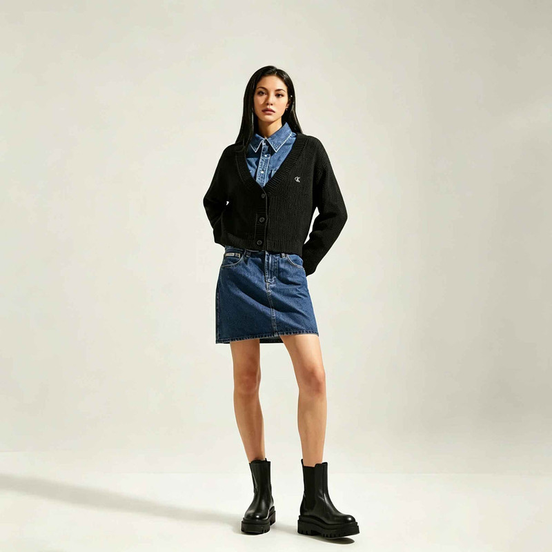 Women's Spring and Autumn Solid Color Small Logo Cotton and Wool Blend Button Cardigan V-Neck Jacket J224775