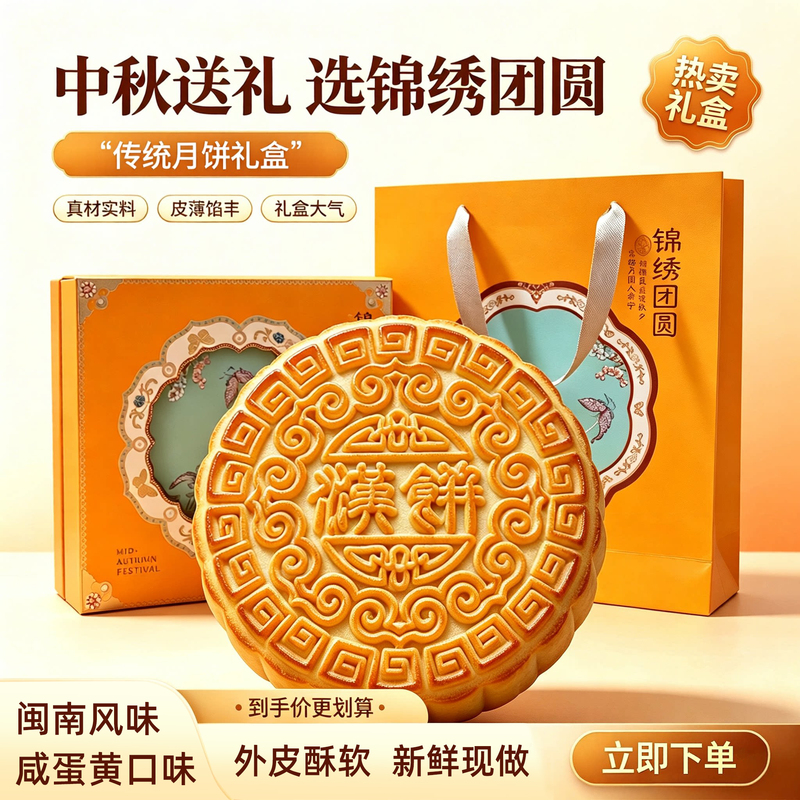 Mid-Autumn Festival Traditional Mooncake Gift Box with Egg Yolk Flavor, Made with Real Ingredients, Thin Crust and Rich Filling, Perfect for Mid-Autumn Gift Giving