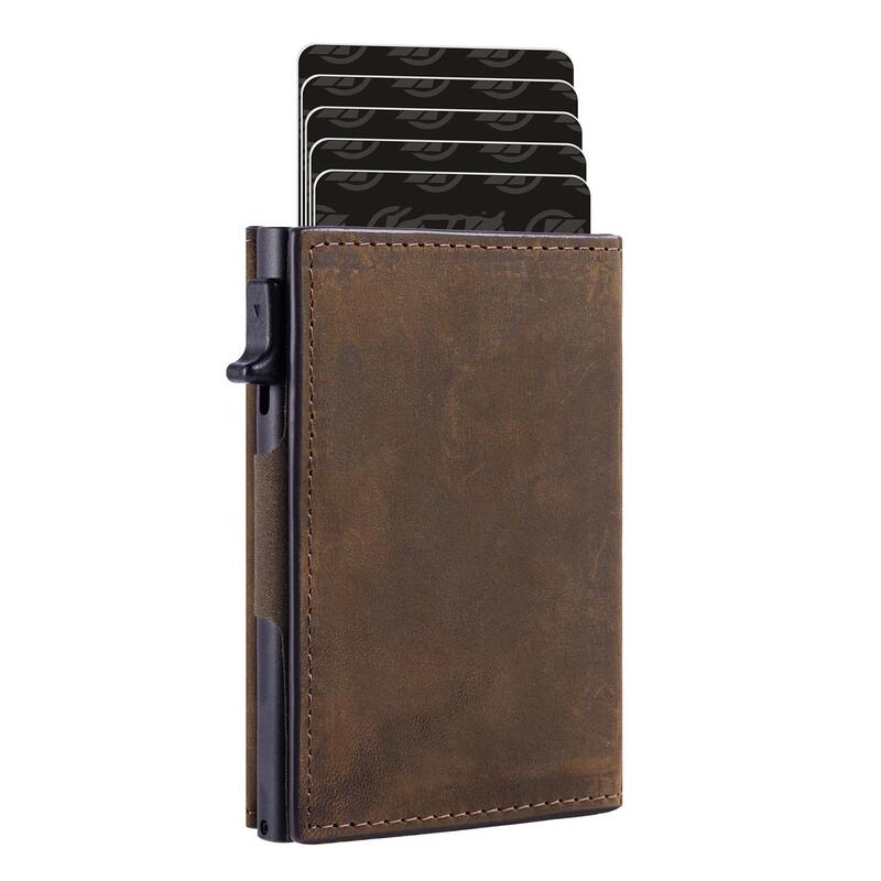 2025 New European and American Retro Multi-Card Slot Side Push Card Holder Crazy Horse Leather Rfid Anti-Magnetic Men's Wallet Card Holder