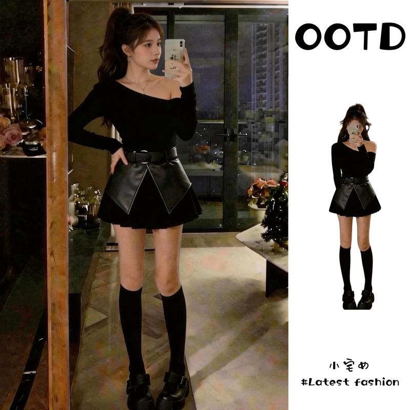 Plus-Size Korean Style Elegant Women's Suit 2026 Spring Black Off-Shoulder Top with Waist-Cinching Skirt Two-Piece Set