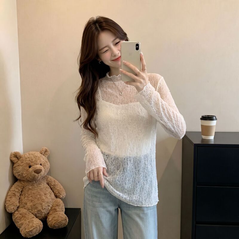 White Ultra-Fairy Lace Hollow-Out Soft Top for Women, Plus Size, Summer French Style, Super Stylish Versatile Long-Sleeve T-Shirt White Ultra-Fairy Lace Hollow-Out Soft Top for Women, Plus Size, Summer French Style, Super Stylish Versatile Long-Sleeve T-Shirt