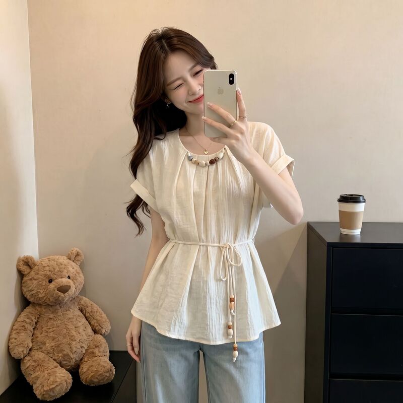 Commuter Style Beaded Design Lace-Up Shirt for Women Plus Size Slightly Chubby Mm2026 Summer Korean Style Waist-Cinching Short-Sleeve Top Commuter Style Beaded Design Lace-Up Shirt for Women Plus Size Slightly Chubby Mm2026 Summer Korean Style Waist-Cinching Short-Sleeve Top